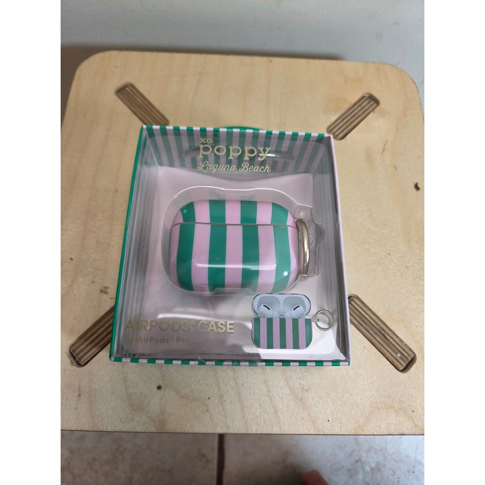 XO Poppy Laguna Beach AirPods Pro Case Pink‎ Green Striped Shockproof Carabiner